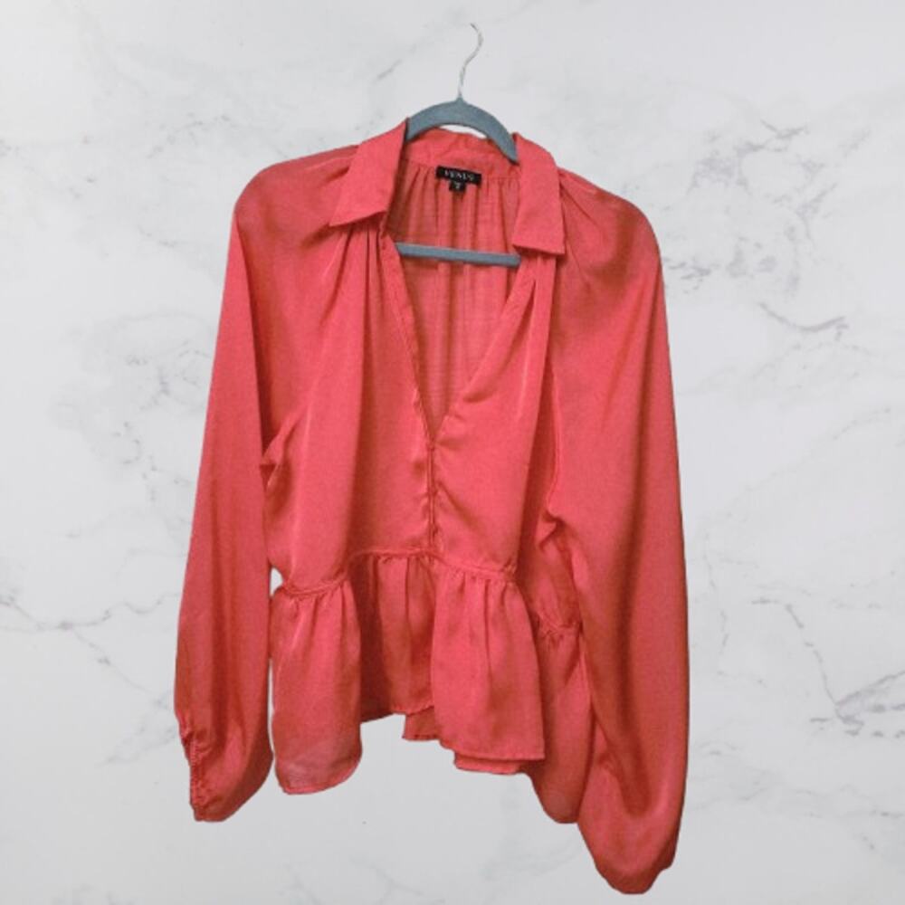 Venus Pink Coral Silky Peplum Blouse Size 16